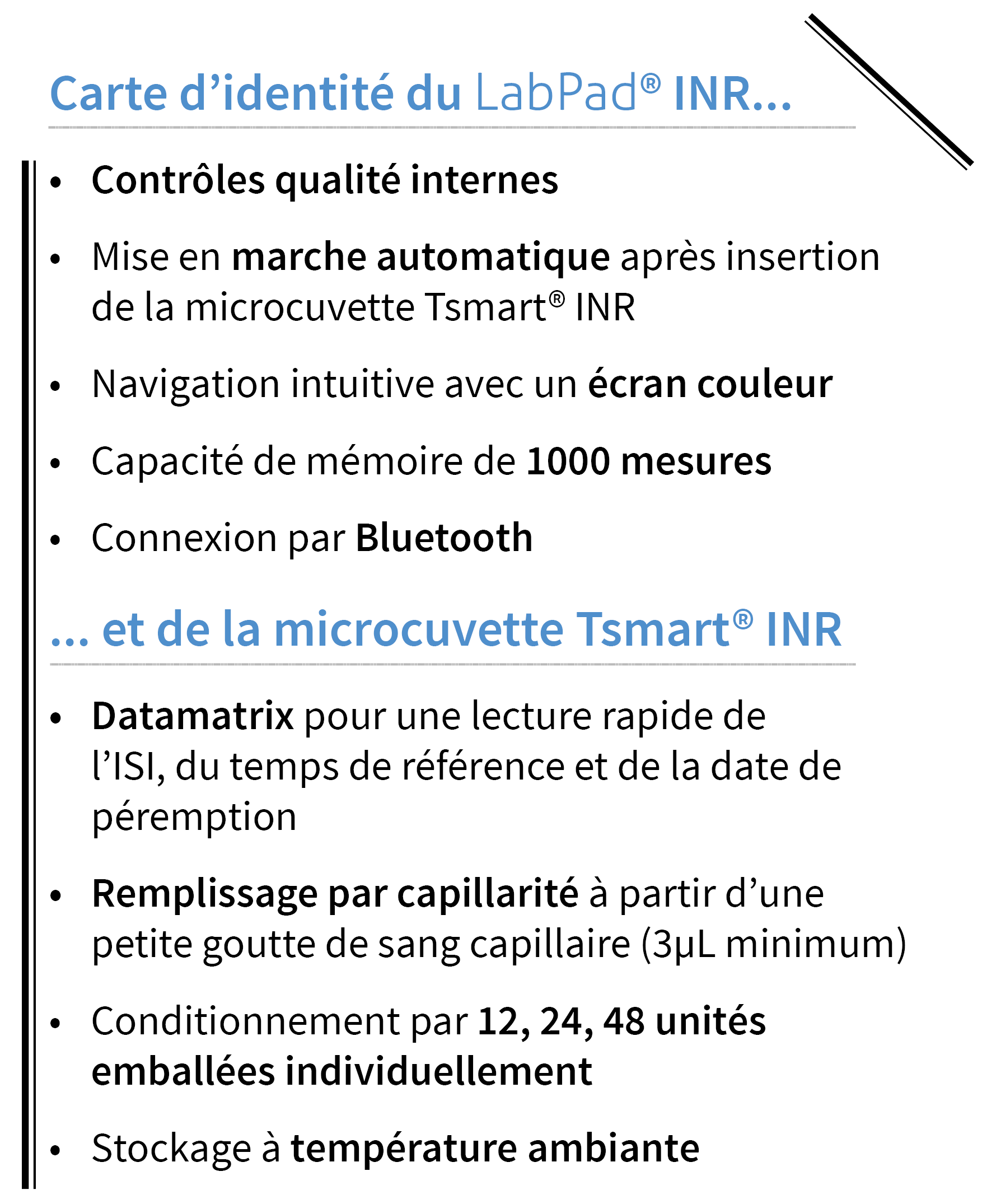 Caractéristiques de l'appareil de mesure INR LabPad® Carte d'identité de l'appareil de mesure INR LabPad®